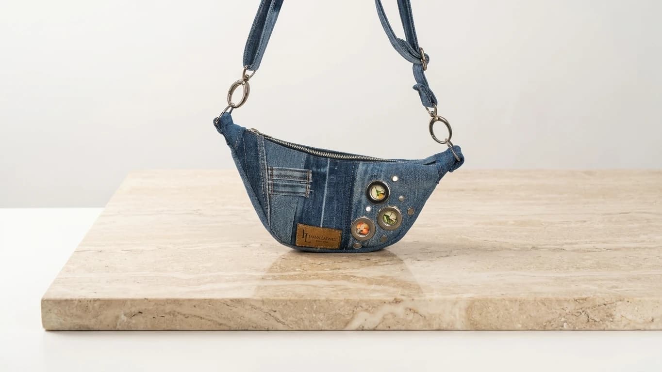 Denim Patchwork Sling Bag & Illustrated Eyelets - View image 1