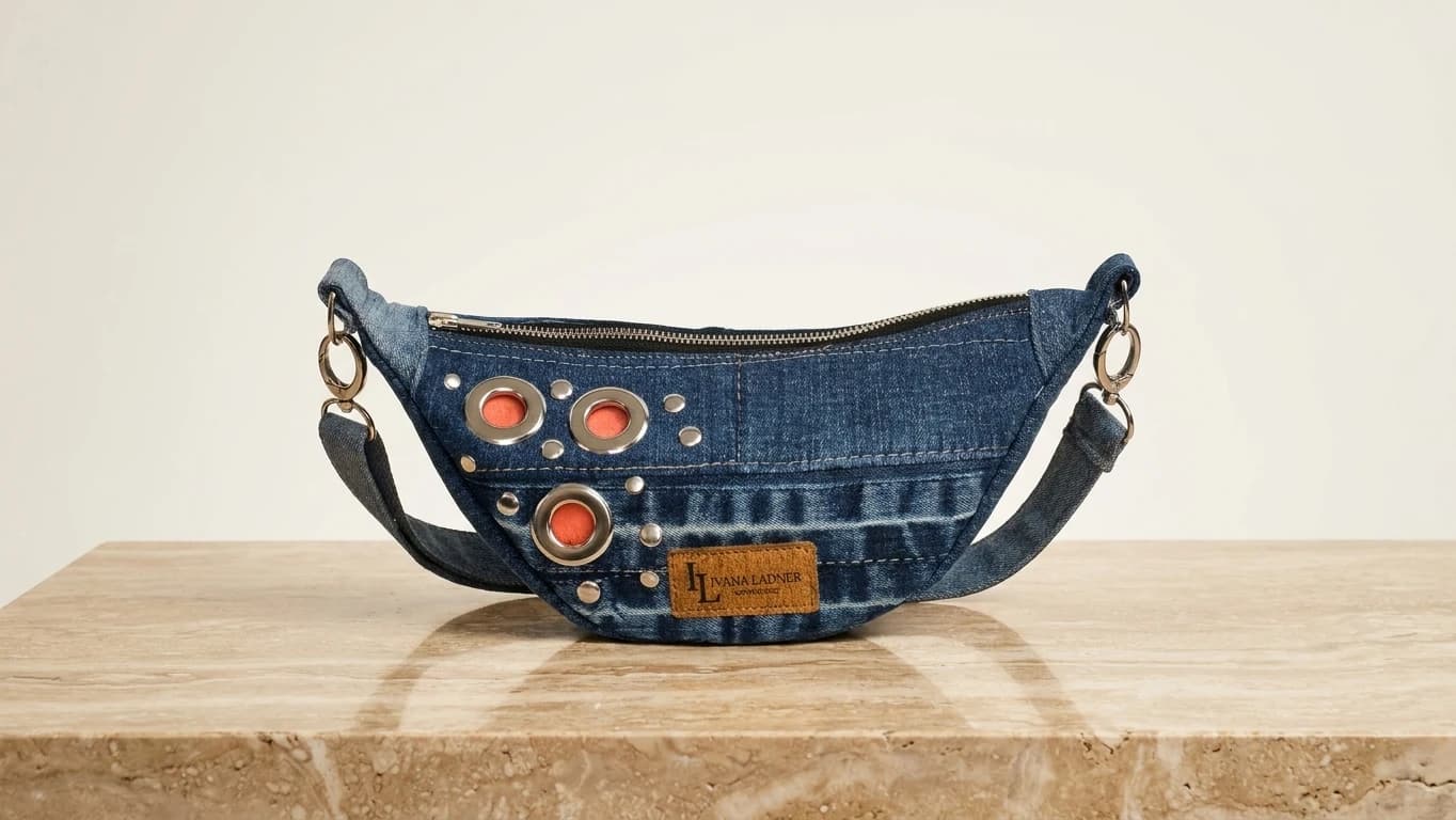 Indigo Denim Curved Sling Bag & Coral Accents - View image 1