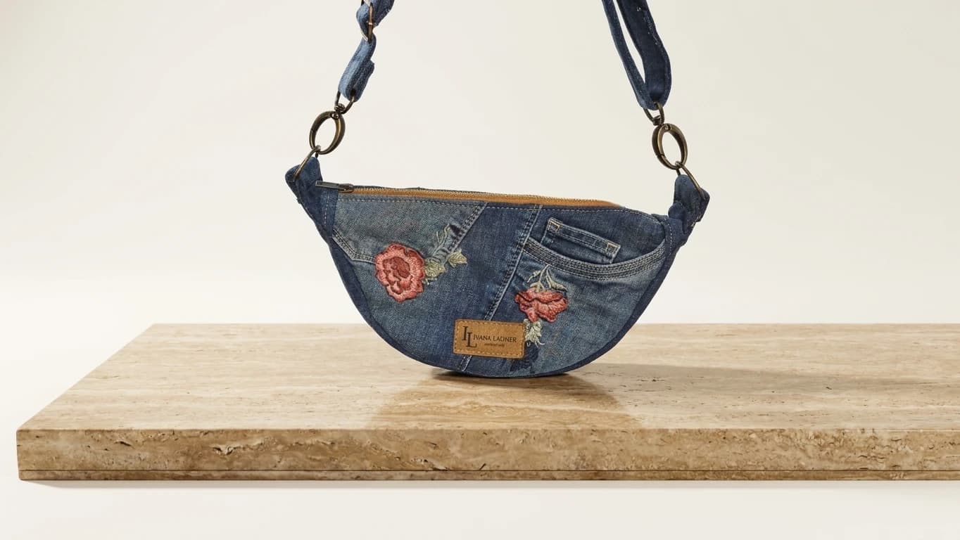 Curved Denim Sling Bag & Floral Embroidery - View image 1