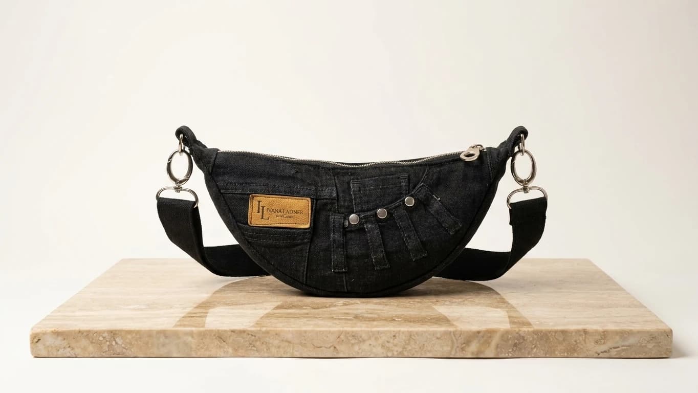 Riñonera Curva Denim Negro & Remaches