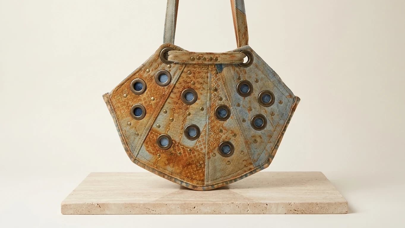 Cartera Abanico Denim Ocre & Ojalillos Bronce